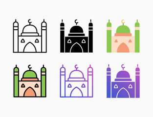 Mosque icon set with different styles. Style line, outline, flat, glyph, color, gradient. Editable stroke and pixel perfect. Can be used for digital product, presentation, print design and more.