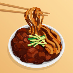 Jajangmyeon (Noodles with blackbean sauce) in black dish recipe illustration vector.