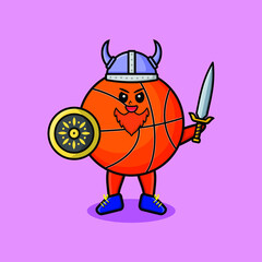 Cute cartoon character Basketball viking pirate with hat and holding sword and shield
