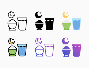 Suhoor icon set with different styles. Style line, outline, flat, glyph, color, gradient. Editable stroke and pixel perfect. Can be used for digital product, presentation, print design and more.