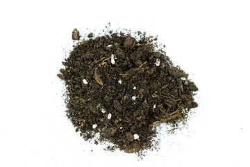 pile of potting soil isolated on white background top view