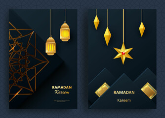 Creative modern design with geometric arabic gold pattern on textured background. Islamic holy holiday Ramadan Kareem. Greeting card or banner.