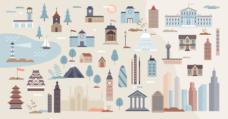 Buildings set and urban architecture houses tiny person items collection. Modern city apartment homes with various size, shape and culture exteriors vector illustration. Residential real estate types. © VectorMine