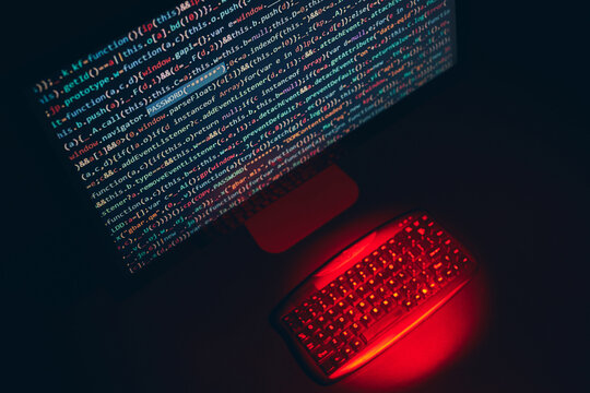Cyber security. Program code on screen. Using computer and programming to break code. Cyber security threat. Internet and network security. Stealing private information