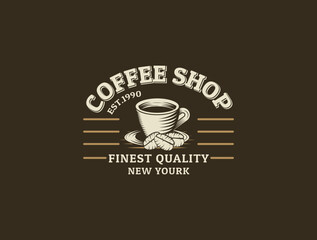 Coffee logo cup retro  vintage vector illustration on dark background.