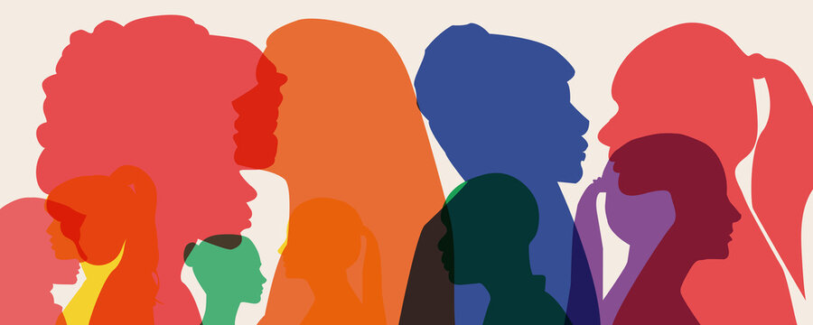 Collage Silhouette group of female women. Group side silhouette men and women of diverse culture and different countries. Harmony friendship integration. Racial equality