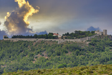 Stormy sky over Sesimbra Moorish Castle, Lisbon Coast, Setubal, Portugal