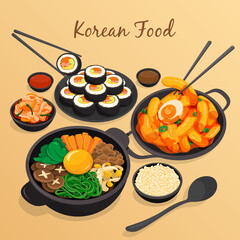 Korean food set menu on wood background illustration vector. (Kimbap, Tteokbokki, Bibimbap, Kimchi, Sauce and Rice)