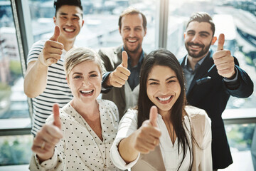 Their success rate is very high. Portrait of a group of cheerful businesspeople standing together while showing thumbs up to the camera inside of the office.