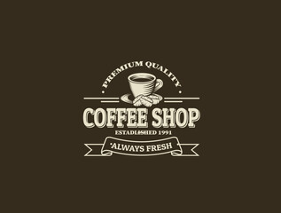 Coffee logo cup retro  vintage vector illustration on dark background.