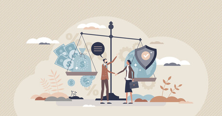 Business ethics as company moral aspect over finance tiny person concept. Correct social responsibility and respect for nature or environment vector illustration. Cooperative justice policy principles