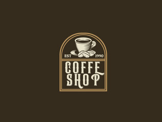 Coffee logo cup retro  vintage vector illustration on dark background.