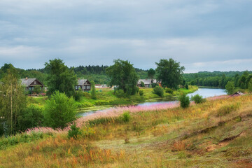 The old village of Saminsky Pogost with wooden houses on the banks of the river. Northern summer in countryside. Vologda region, Russia