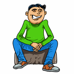 Smiling boy sitting on the trunk. Illustration on white background.