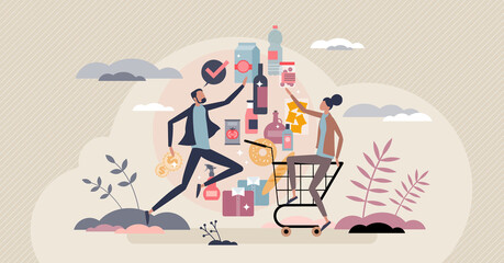 Fototapeta na wymiar Consumer goods and products purchase in trade supermarket tiny person concept. Shopping expenses for buyer with full cart vector illustration. Offer diversity and choice in grocery store shelves.