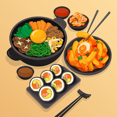 Korean food set menu on soft brown background illustration vector. (Bibimbap,tteokbokki and Kimbap)