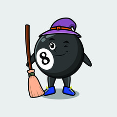 Cute cartoon witch shaped billiard ball character with hat and broomstick 