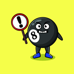 Cute cartoon illustration billiard ball with exclamation sign board 