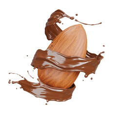 3d render of Chocolate splashing spiral shape with almond on white Background.