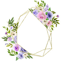 Roses and Gold Glitter Polygonal Gemstone frame, Hand Painted Watercolor Floral Geometric Border, Gold Foliage Flower Frame, Purple and Pink Blooming Flowers, Copy space Frame
