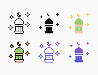 Fototapeta na wymiar Minaret Mosque icon set with different styles. Editable stroke and pixel perfect. Can be used for digital product, presentation, print design and more.