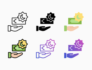 Zakat with money gift icon set with different styles.  Editable stroke and pixel perfect. Can be used for digital product, presentation, print design and more.