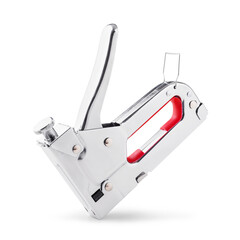 Silver construction stapler gun for furniture isolated on white background. Manual industrial tool.