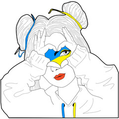 Coloring pages for adults. Russian-Ukrainian war. Hand gesture holding Ukraine flag in the shape of heart. Solidarity with Ukraine.