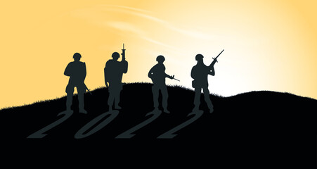 Silhouettes of military people on hill. Soldiers Year 2022. Ukraine and Russia military conflict War concept