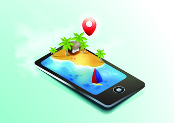 Isometric tropical island on mobile phone or tablet location tracker. Summer travel and vacation concept with a smartphone, vector illustration