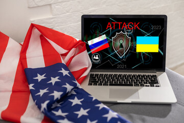 cyber attack with russian flag on ukraine, icons