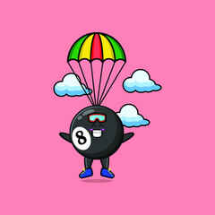 Cute mascot cartoon Billiard ball is skydiving with parachute and happy gesture cute modern style