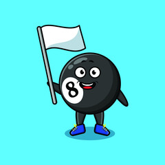 Cute cartoon Billiard ball mascot character with white flag in modern design