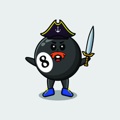 Cute cartoon mascot character billiard ball pirate with hat and holding sword in modern design