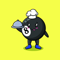 Cute Cartoon chef billiard ball mascot character serving food on tray cute style design 