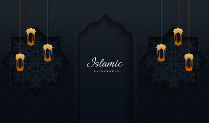 islamic black minimal background with hangin gold lantern scene