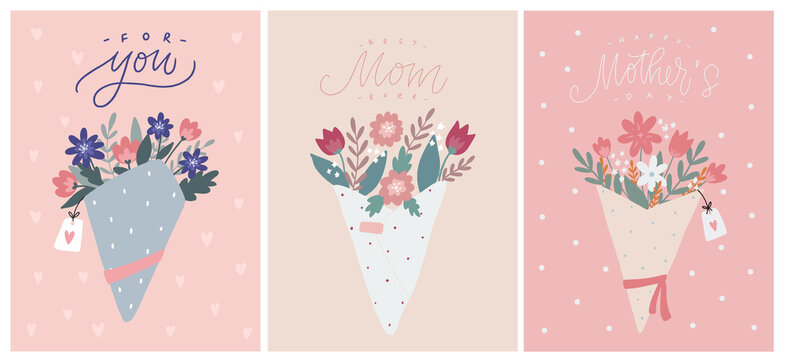 set of Mother's day greeting cards decorated with lettering quotes and bouquets of flowers. Good for posters, prints, invitations, banners, etc. EPS 10