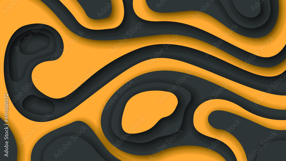 Poster orange and black wavy abstract paper cut background vector shadows 3d smooth objects modern design