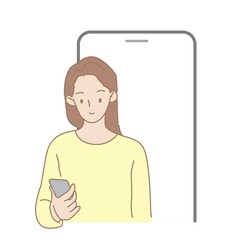 Young woman using mobile and smartphone on background. Online communication concept. Hand draw style. Vector illustration.