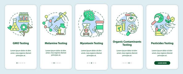 Services onboarding mobile app screen. GMO and melamine testing walkthrough 5 steps graphic instructions pages with linear concepts. UI, UX, GUI template. Myriad Pro-Bold, Regular fonts used © IMG visuals icons