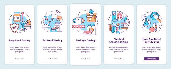 Industries onboarding mobile app screen. Baby and pet food testing walkthrough 5 steps graphic instructions pages with linear concepts. UI, UX, GUI template. Myriad Pro-Bold, Regular fonts used