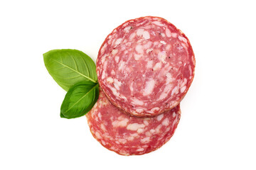 Italian Salami with basil leaves, isolated on white background.