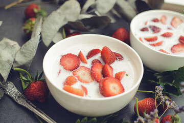 Sweet cold soup made of strawberries and organic vegan milk