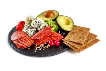 Italian antipasto, chorizo, brie cheese and avocado, isolated on white background.