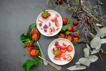 Sweet cold soup made of strawberries and organic vegan milk