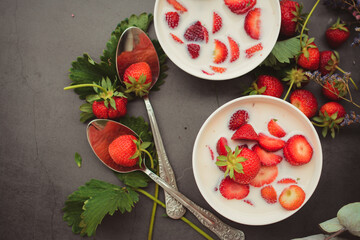 Sweet cold soup made of strawberries and organic vegan milk