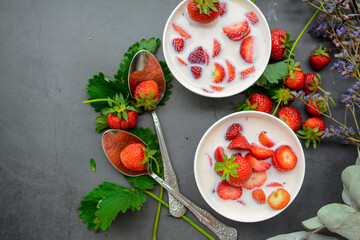 Sweet cold soup made of strawberries and organic vegan milk
