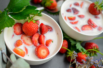 Sweet cold soup made of strawberries and organic vegan milk