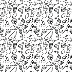 vector food icons. seamless pattern with food icons. icons of seafood, mushrooms, sweets, vegetables and fruits.