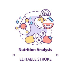 Nutrition analysis concept icon. Food testing abstract idea thin line illustration. Dietary content. Vitamins and minerals. Isolated outline drawing. Editable stroke. Arial, Myriad Pro-Bold fonts used